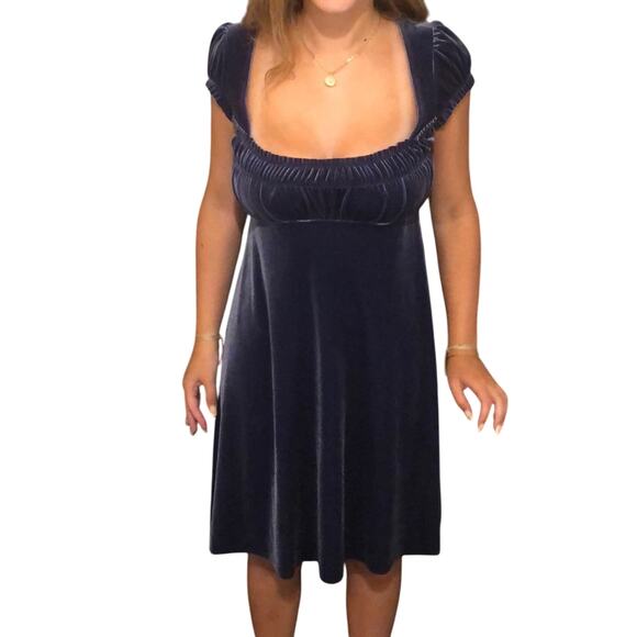 Free People Velour Velvet Smocked Ruffle Babydoll Tie Back Dress Blue Small - Picture 1 of 6